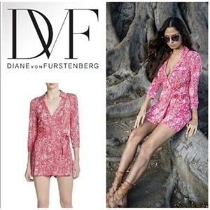 NWOT Diane von Furstenberg DVF Silk Pink Printed V-Neck Wrap Celeste Romper Sz 4